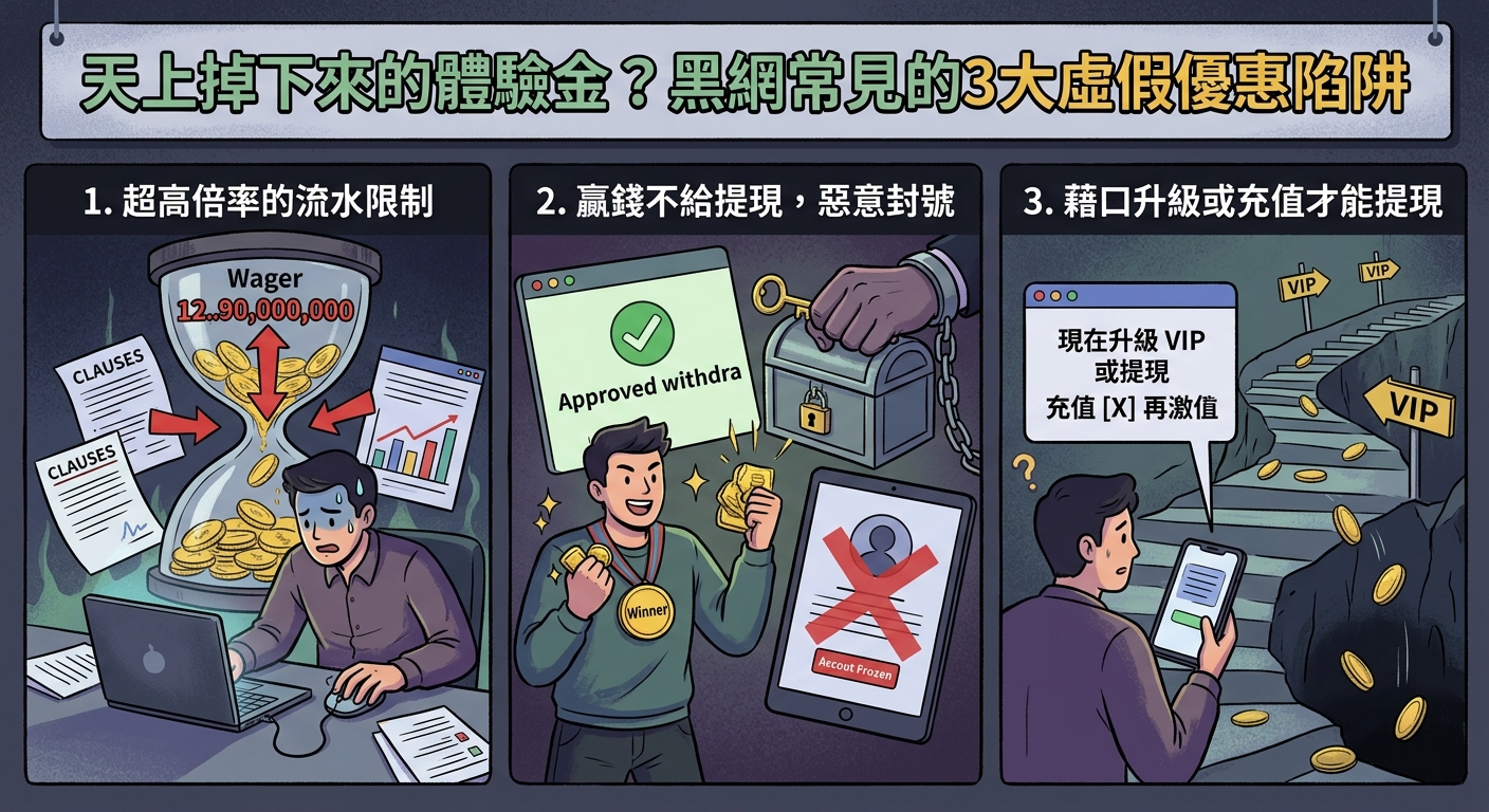 這張圖片採用動漫風格的三格漫畫形式,展示了「天上掉下來的體驗金?黑網常見的3大虛假優惠陷阱」的主題。 畫面通過三個不同的情境,詳細描繪了高流水限制、贏錢被封號以及需升級充值才能提現等常見的線上詐騙手法。