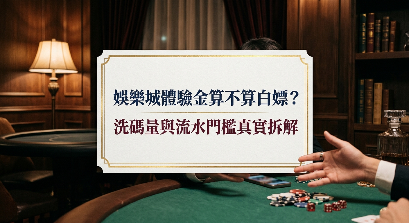 這張圖片以優雅且暗色調的奢華娛樂城為背景,營造出成熟冷靜的氛圍。 畫面中央特別突出包含「娛樂城體驗金算不算白嫖?洗碼量與流水門檻真實拆解」文字的醒目標題方框。