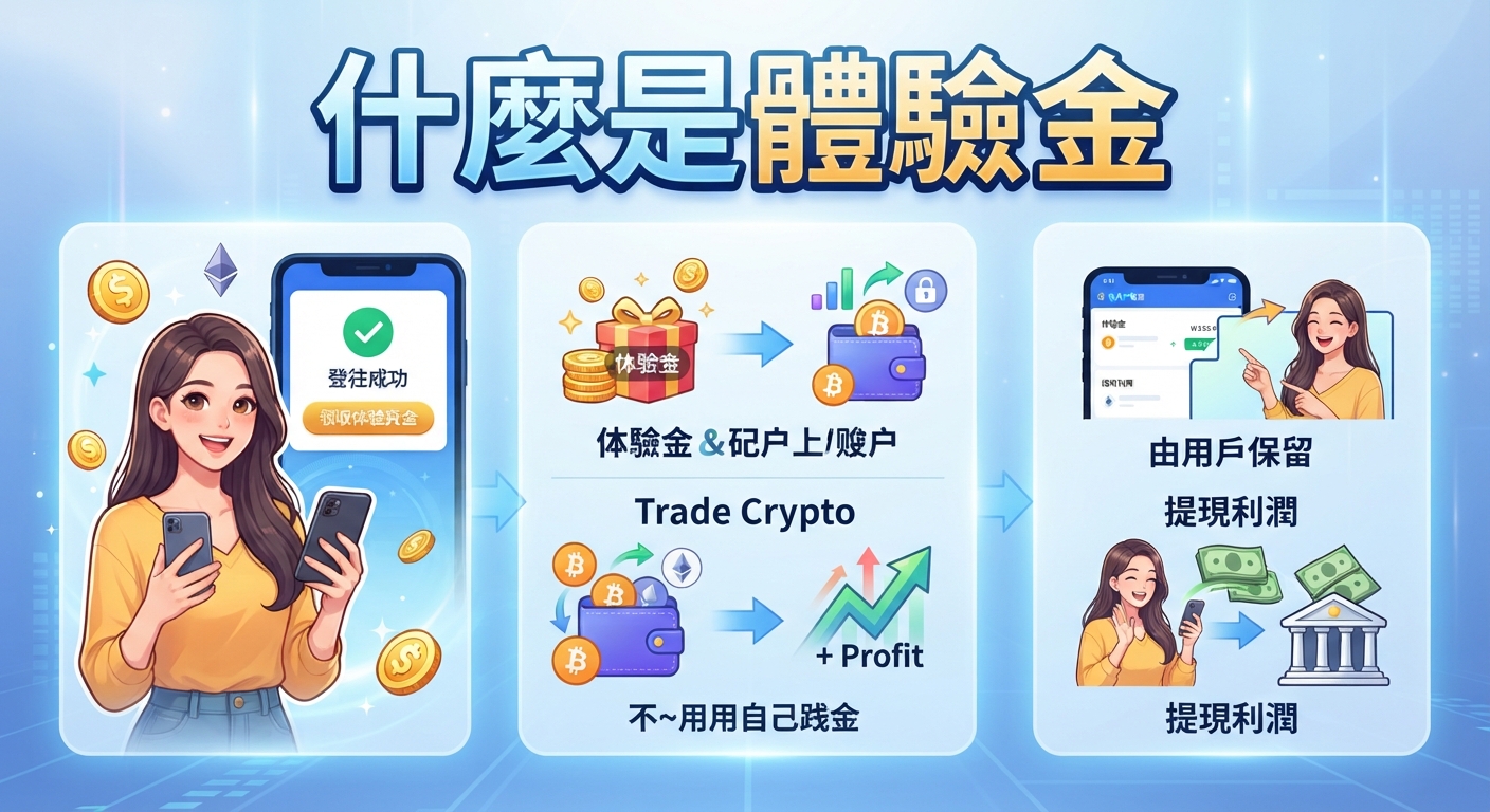 這是一張介紹加密貨幣體驗金的資訊圖表，上方標題為「什麼是體驗金」。 畫面透過圖解展示了領取體驗金、使用帳戶進行加密貨幣交易以及保留並提領利潤的流程。