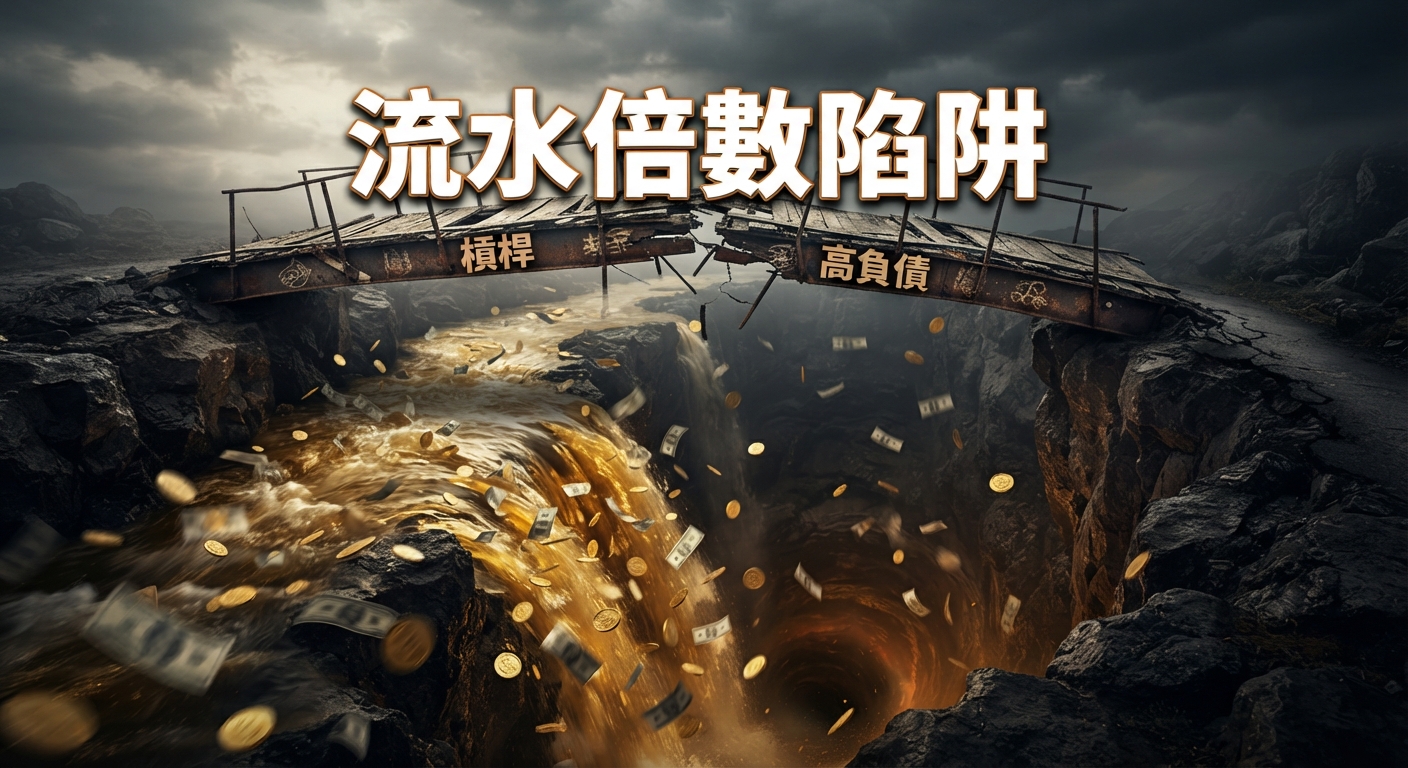 圖片展示了一座危險且破損的木橋懸掛在深淵之上，橋下是流動著金幣與紙鈔的激流瀑布。 畫面正上方醒目地印有「流水倍數陷阱」的標題，象徵著財務槓桿與高負債的風險。
